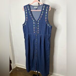 TY Denim Button Up Maxi Dress With Embroidered Snowmen Size 16